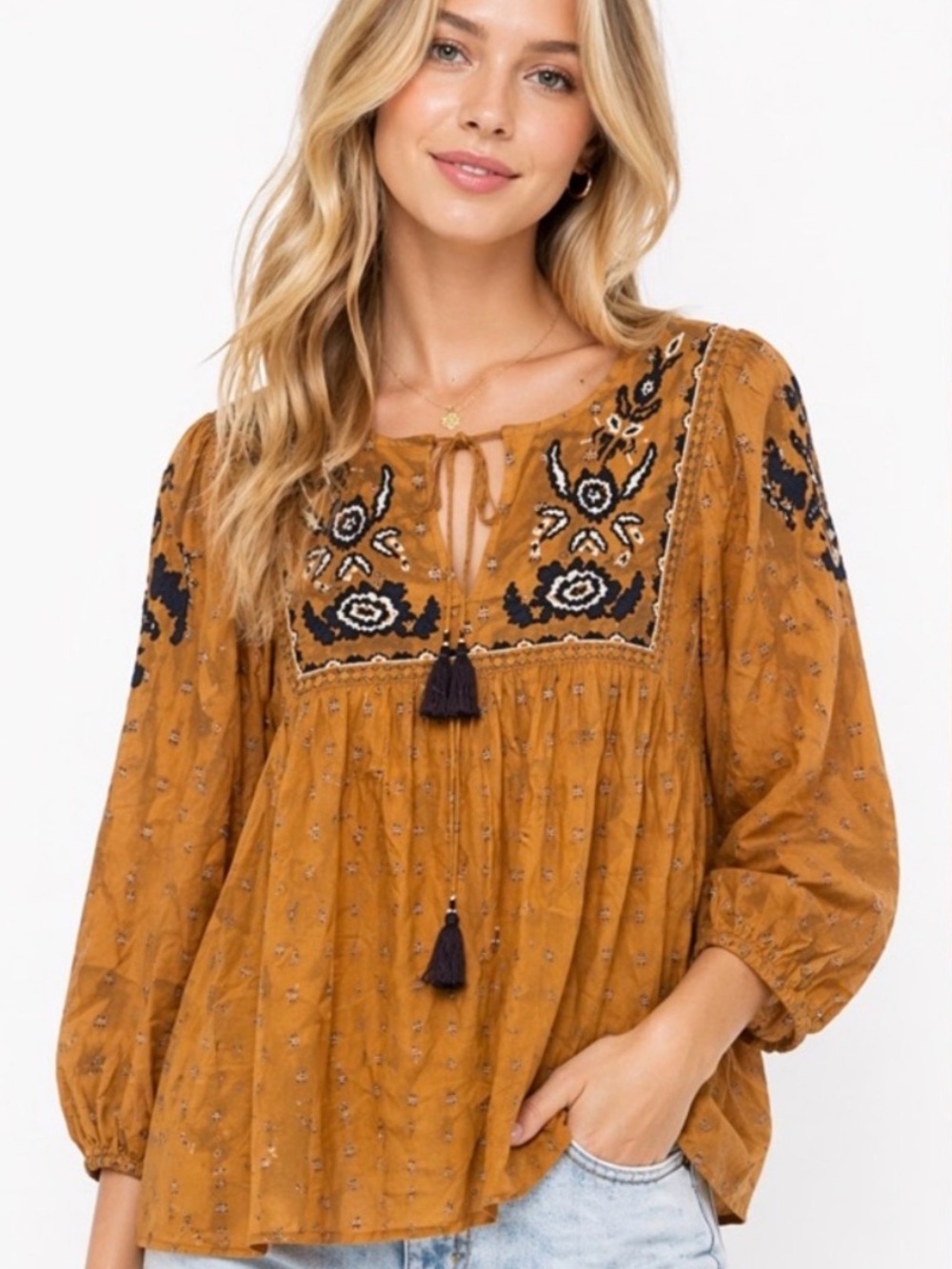 Tantrums Burnt Orange Embroidered Peasant Tunic